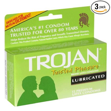 Trojan Twisted Pleasure Latex Condoms, Lubricated, 12-Count Boxes (Pack of 3)