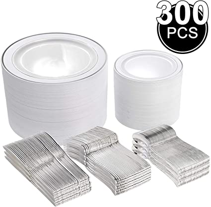 300 Pieces Silver Plastic Plates with Disposable Silverware, Fancy Tableware Sets include 60 Dinner Plates 10.25", 60 Salad Plates 7.5", 60 Forks, 60 Knives and 60 Spoons Serve for 60 Guest