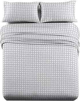 Royal Tradition Heavyweight Flannel, 100-Percent Cotton Full 4PC Bed Sheets Set, Grey Check Print, 170 GSM