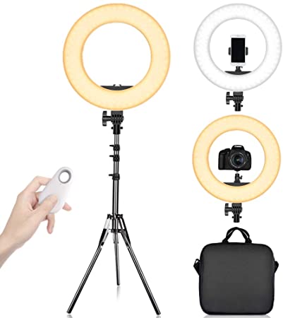 Travor 14-inch Selfie Ring Light with 79" Stand and Phone Holder, 3200-5900K Dimmable LED Circle Light Lighting Kit with Remote Control for Live Stream, Makeup, YouTube, Camera, Phone Video Recording