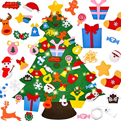 Christmas Decorations Gifts,3.7 FT Tall DIY Felt Christmas Tree Set with 37 Crafts Ornaments&10FT LED String Lights, Indoor Wall Hanging Christmas Decor for Home Door Wall, Xmas Kids Children Gifts
