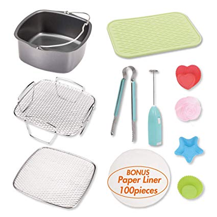 Air Fryer Accessories Set including Cake Barrel, 2 layer reversible cooking rack, 2 in 1 Silicone Mat, 4 pcs Silicone Muffin Cups, Food Tong, Electric Baloon Whisk, and 100 pcs Paper Liner, Square