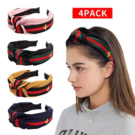 Red Green Stripe Headbands for Women, Allucho 4 PCS Wide Headbands Cross Knotted Hairband Cute Hair Hoop with Bee Animal Headwrap for Girls Adult Halloween Christmas Party Decorations Hair Accessories