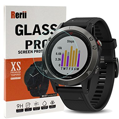 Garmin Fenix 5 Screen Protector, Rerii High Definition, 9H Hardness, 0.3mm Thickness, Delicate Touch, Real Tempered Glass Screen Protector for Garmin Fenix 5