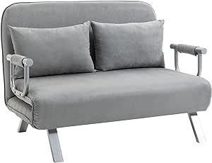 HOMCOM Canapé-lit canapé Convertible 2 Places déhoussable Grand Confort 2 Coussins fournis Pieds accoudoirs métal suède Gris Clair