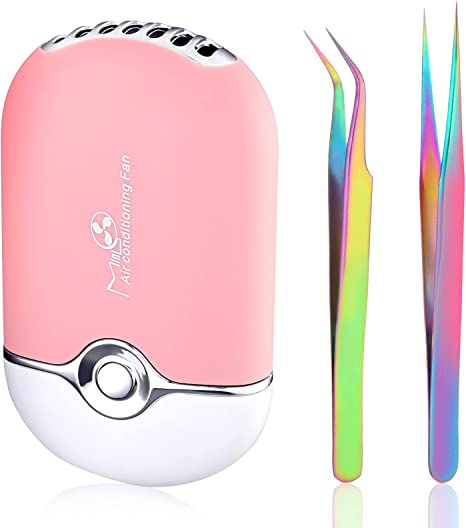 USB Air Conditioning Blower Handheld Eyelash Fan Dryer Rechargeable Eyelashes Dryer Fan Mini Portable Fans with 2 Pieces Straight and Curved Tweezers for Eyelash Extensions Girls Women (Pink, Rainbow)