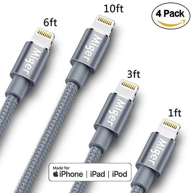 4Pack Miger Nylon Braided USB A to Lightning Compatible Cable, MFi Certified for iPhone Xs Max/XS/XR/X/8/8 Plus/7/7 Plus/6s/6s Plus /6 Plus/6/SE/5s/5c/5, iPad Mini, iPad Pro Air 2