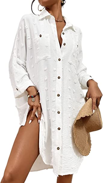 Bsubseach Women Swimsuit Coverup Blouse Button Down Shirt Dresses Swiss Dot Tops