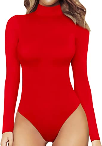 MANGOPOP Women's Mock Turtle Neck Long Sleeve Tops Bodysuit Jumpsuit