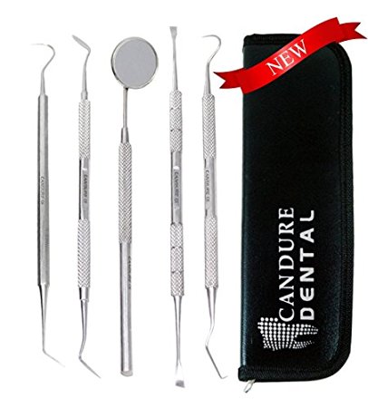 CANDURE® - 5 Pieces Dental Scaler Set with leather look case - Tartar Calculus Plaque Remover Tooth Scraper- Dental Mirror & Scaler Set