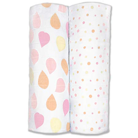 Amazing Baby Bamboo Silky Swaddle Muslin Blankets, Set of 2, Viscose from Bamboo, Petals and Dots, Pink