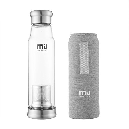 MIU COLOR® Newly-released Fashion Bigger Capacity Stylish Portable Handmade High Quality Crystal Glass Water Bottle（22oz with Tea Infuser Designed in Switzerland） (Grey)