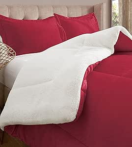 Elegant Comfort Super Soft Sherpa Comforter 3-Piece Set Premium Quality, Heavy Weight Reversible Down Alternative Micro-Suede, Sherpa Comforter, Queen, Flaming Burgundy