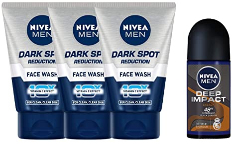 Nivea Dark Spot Reduction Face Wash, 100ml (Pack of 3) & Nivea Deep Impact Freshess, Deodorant Roll on for Men, 50 ml