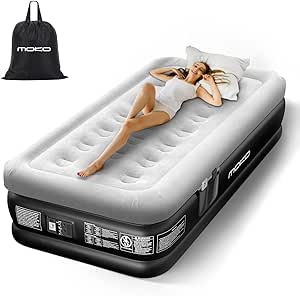 MoKo Twin Air Mattress with Built in Pump, 18'' Luxury Inflatable Mattress, 2 Min Fast Blow up Mattress with Dual-Chamber, Comfort Top - Velvety Air Bed for Home, Camping, Travel, Guests, Black/Gray