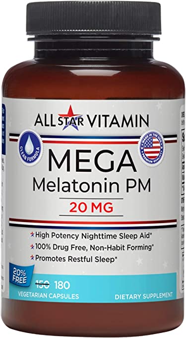 All-Star Vitamin Mega-Melatonin PM, 20 mg, High-Potency, 180 Vegetarian Capsules, Clean-Formulated, Non-GMO, Gluten Free, Vegan, Sleep, Rest, Drug Free, Jetlag