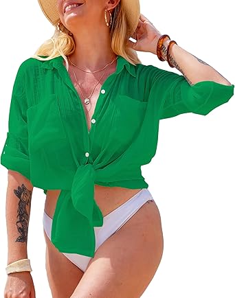 Bsubseach Button Down Swim Cover Up Shirt Sexy Long Sleeve Beach Blouse Bathing Suit Cover Ups for Women