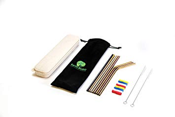 Earth Buddy 8 Reusable Multi-color Stainless Steel Drinking Straws, 8 Silicone Tips, Beautiful Carrying Case, 2 Cleaning Brushes and Velvet Storage Pouch (Multi-Color, 8)