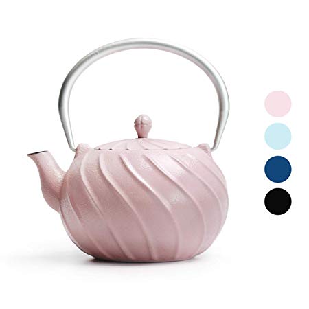 Teapot, TOPTIER Japanese Cast Iron Teapot with Stainless Steel Infuser, Cast Iron Tea Kettle Stovetop Safe, Wave Design Tea Kettle Coated with Enameled Interior for 30 Ounce (900 ml), Blush Pink