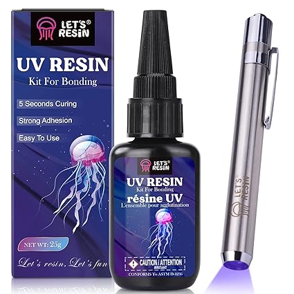 LET'S RESIN UV Resin Kit with Light, Bonding&Curing in Seconds, 25g UV Resin Kit with UV Flashlight for Welding, Jewelry UV Glue Adhesive for Plastic Repair, Glass Light, Craft Decor