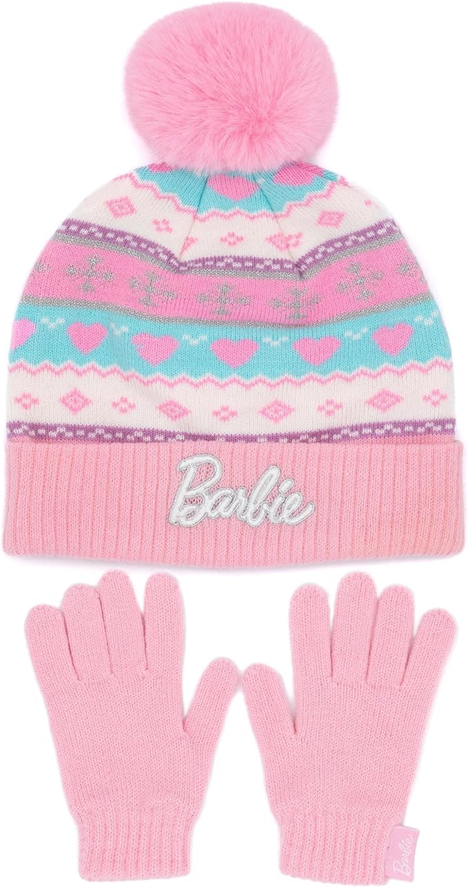 Barbie Hat and Gloves Kids Girls Pink Logo Knitted Pom Winter Beanie