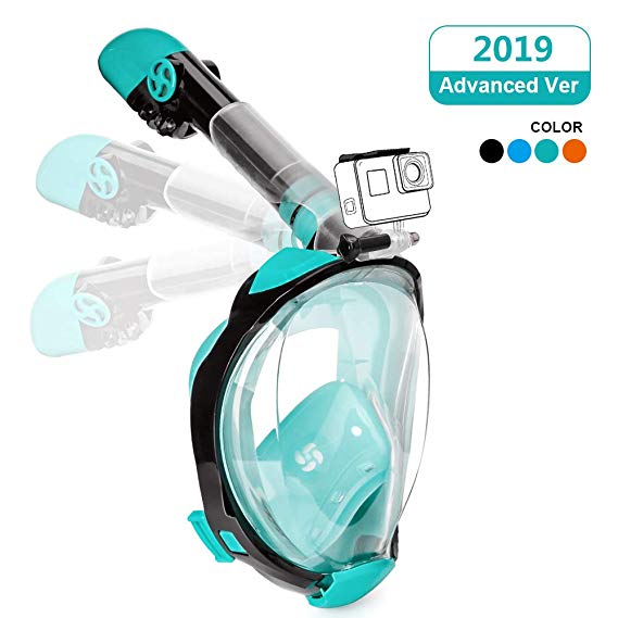 Full Face Snorkeling Mask Easy Breathing Foldable 180° Seaview Snorkel Masks for Adults or Kids Anti-Fog Anti-Leak with Action Camera Mount (2019 Newest Version)