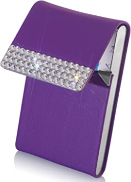 Business Card Holder, Crystal Rhinestone Metal Business Case Pocket, Professional PU Leather & Stainless Steel Multi Card Case, Name Card Holders Purse Card Case with Magnetic Closure(Purple)