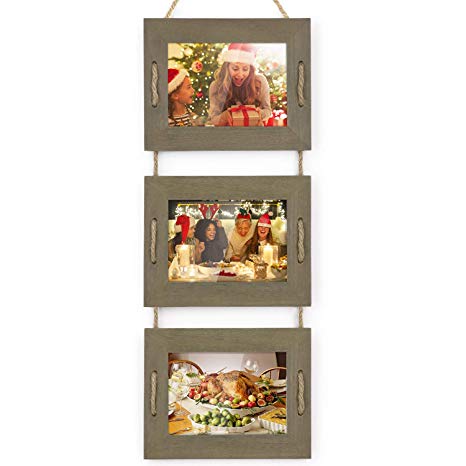 DLQuarts Collage Hanging Picture Photo Frame 5 x 7, 3-Frame Set On Hanging Rope, Rustic Solid Wood Photo Frame Weathered Green, Best Gift Choice