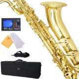 Mendini by Cecilio MBS-30L92D Lacquer Yellow Brass Intermediate E Flat Baritone Saxophone with Tuner Pro-Deluxe Case Mouthpiece and Neck Strap