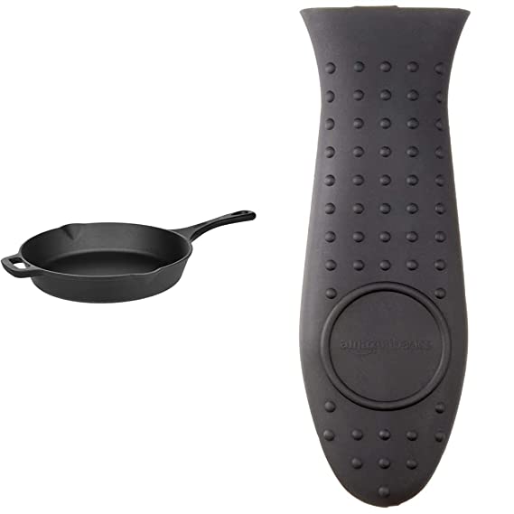 AmazonBasics Pre-Seasoned Cast Iron Skillet Pan, 12 Inch & Silicone Hot Handle Holder, Black Combo