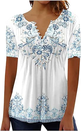 Summer Tops for Women 2024 Trendy Boho Floral Print Tunic Shirts Short Sleeve Button v Neck Tshirt Casual Loose Blouse