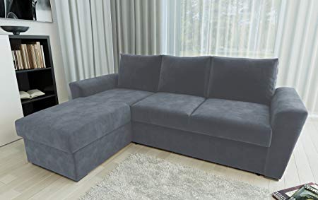 Direct Furniture Chenille Stanford L-Shape Left/Right Sofa Bed with Internal Storage Corner, Charcoal, Three_Seats