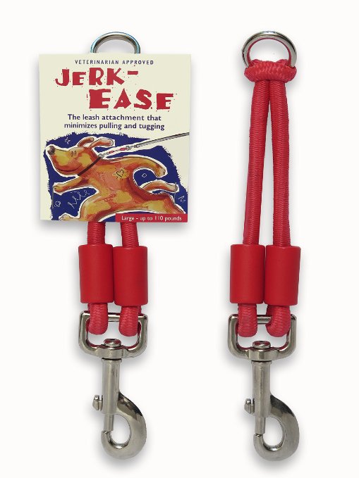 JERK-EASE BUNGEE DOG LEASH ATTACHMENT - patented shock absorber protects you and your dog from harmful jerks and tugs while walking, jogging, bicycling or training - works with ANY leash and collar (or harness) - a MUST for retractable leashes - CLICK MENU TO SELECT SIZE AND COLOR