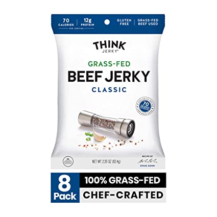 Classic Beef Jerky by Think Jerky — Delicious Chef Crafted Jerky — Grass-Fed Beef Free of Gluten, Antibiotics and Nitrates — Healthy Protein Snack Low in Calories, Fat and Salt — 1 Ounce (8 Pack)
