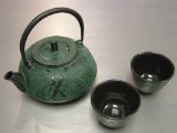 Japanese Cast iron Tea Pot Cup Set Green Bamboo