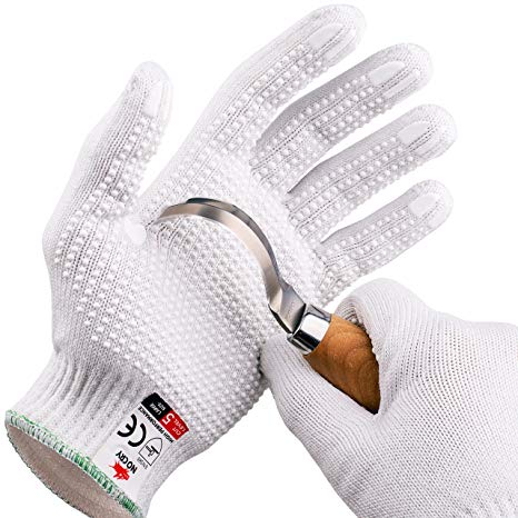 NoCry Cut Resistant Protective Work Gloves with Rubber Grip Dots. Tough and Durable Stainless Steel Material, EN388 Certified. 1 Pair. White, Size Large