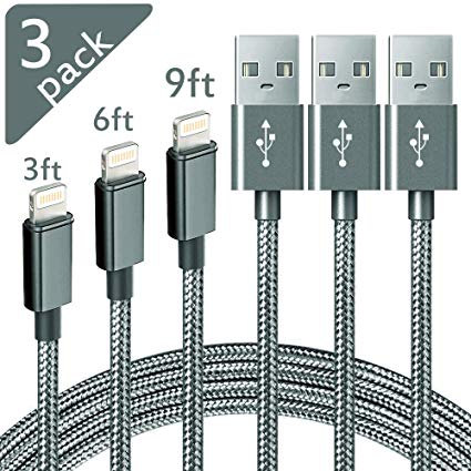 ChefzBest MFi Certified Phone Cable 3 Pack [3/6/9 FT] Extra Long Nylon Braided USB Charging & Syncing Cord Compatible Phone Charger X/8/8Plus/7/7Plus/6S/6S Plus/SE/Pad/Nan More(Black)