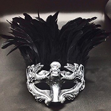 Silver Face with Black Feather Skull Masculine Greek & Roman Style Men Venetian Metallic Mask For Masquerade / Party / Ball Prom / Mardi Gras / Wedding / Wall Decoration