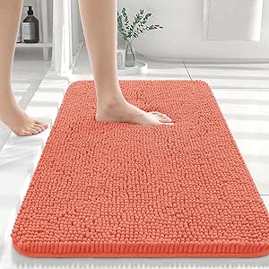 OLANLY Bathroom Rugs 36x24, Extra Soft Absorbent Chenille Bath Rugs, Non-Slip, Dry Quickly, Machine Washable, Bath Mats for Bathroom Floor, Tub and Shower, Coral