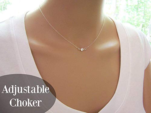Adjustable Tiny Sparkling CZ Choker Necklace - Sterling Silver Dainty Everyday Simple Jewelry - Diamond Alternative Gift For Her