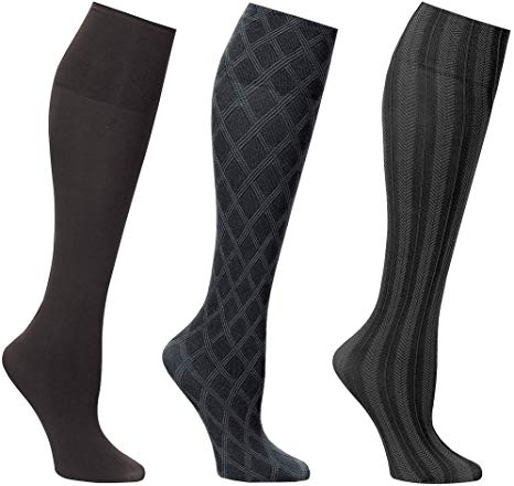 Women's Wide Calf Solid and Patterned Trouser Socks Set of 3 - Black