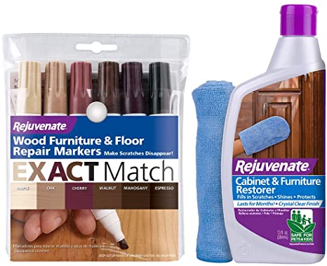 Rejuvenate New Improved Colors Wood Furniture and Floor Repair Markers & Cabinet and Furniture Restorer 13oz Fills in Scratches Seals and Protects with Mitt