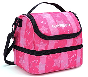 MIER Double Decker Insulated Lunch Box Pink Soft Cooler Bag Thermal Lunch Tote with Shoulder Strap (Pink Star)