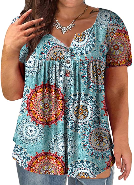 VOGRACE Plus-Size Tops for Women Summer Henley Shirts Flowy Tunics