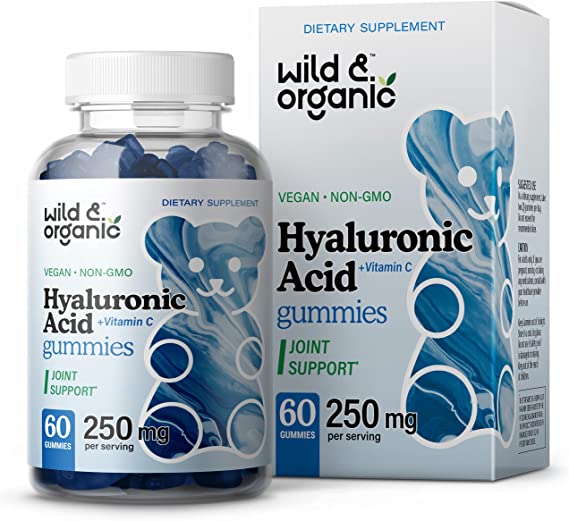 Wild & Organic Hyaluronic Acid Gummies w/ Vitamin C - Support Skin Hydration for Natural Glow Reduce Wrinkle & Pigmentation - Pure HA Supplement w/ Hair, Nails, Bone & Joint Health Formula - 60 Chews