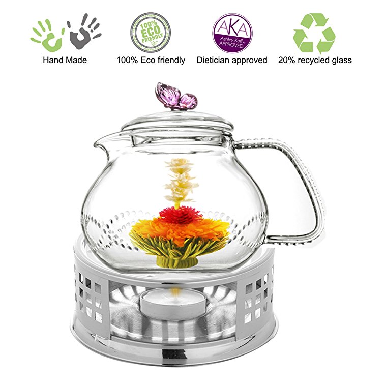 Teapot Set Teapot Pink Butterfly 24 Oz and Stainless Steel Tea Warmer Alex for Flowering Tea Green Tea Black Tea Puer