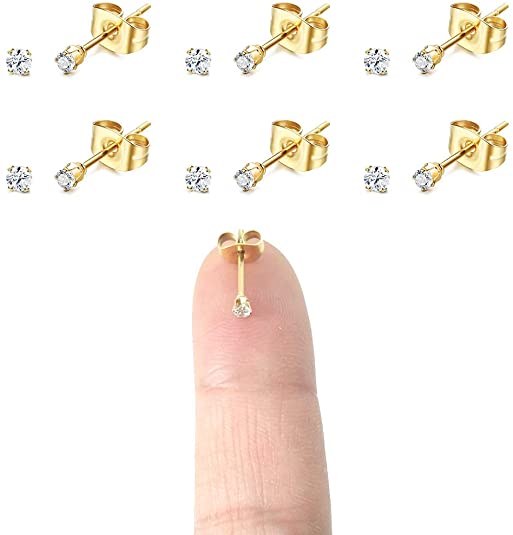 6 Pairs 14K Gold Plated 316L Surgical Steel Cartilage Piercing Tiny Stud Earrings 20G, Style Ball - Pearl - Cubic Zirconia - Disc, Color Gold - Silver - Rose Gold - Black, Diameter 1mm to 3mm
