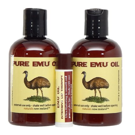 Emu Oil Premium Golden Set of Two 4 oz Bottles and Lip Balm with Shea Butter and Emu Oil Pack of 3 Products