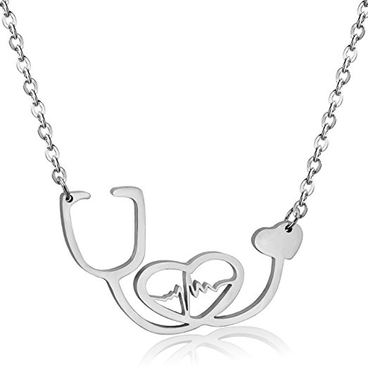 SXNK7 Stainless Steel Nurse Doctor Medical Stethoscope Chain Bijoux Collier EKG Heartbeat Love You Necklaces