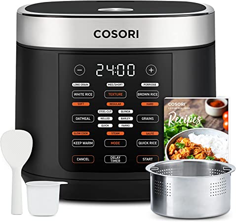 COSORI Rice Cooker 10 Cup Uncooked Rice Maker with 18 Cooking Functions, Japanese Style Fuzzy Logic Micom Technology, Texture Optional, 50 Recipes, Steamer, Slow Cooker, Saute, Stew and More